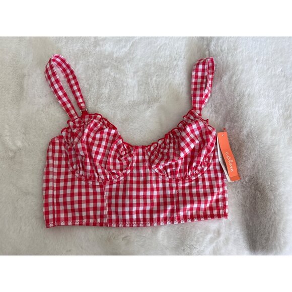 Colsie size Small Red Gingham Crop Corset Bra Top Shirred Smocked back NEW - Picture 4 of 5